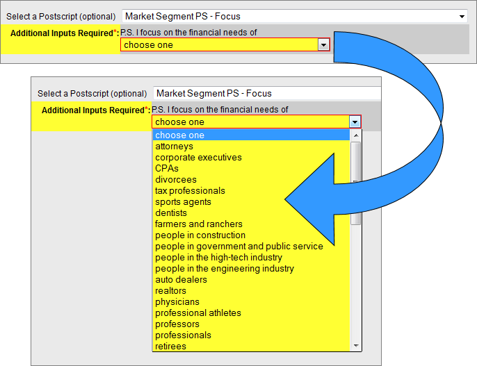 email signature nested drop-down selections
