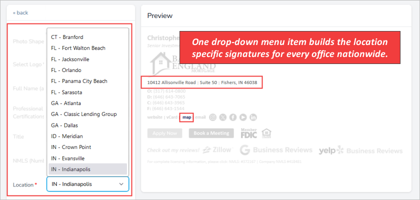 Email Signatures Locations Menu