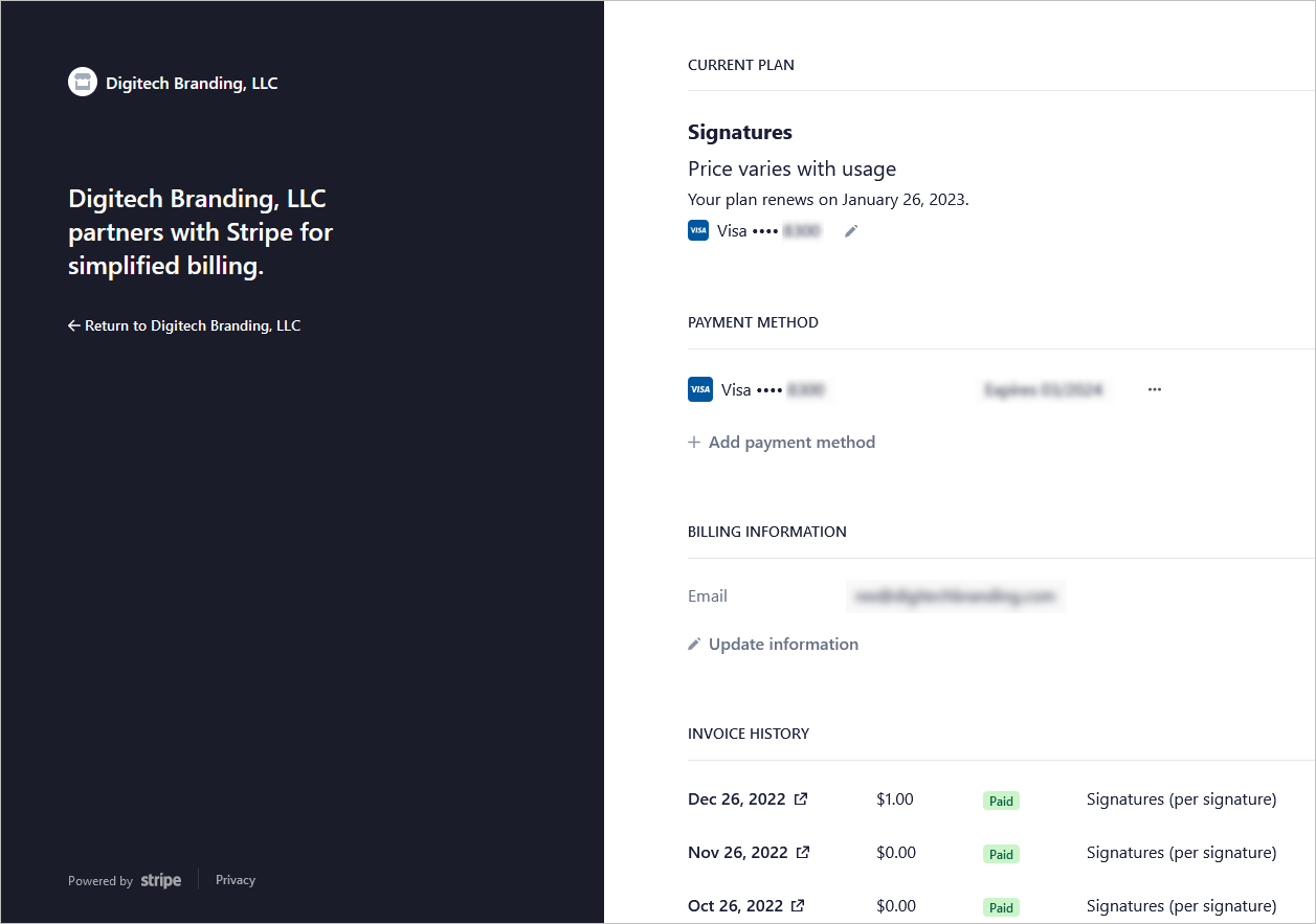 manage billing in Dynasend