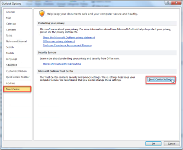 Outlook Trust Center Settings